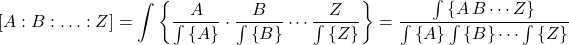 \begin{equation*} \mcf{A}{B}{\dots}{Z} =  \sumb{\frac{A}{\sumb{A}} \cdot\frac{B}{\sumb{B}} \cdots \frac{Z}{\sumb{Z}} } = \frac{\sumb{A \, B \cdots Z}}{\sumb{A}\sumb{B}\cdots\sumb{Z}} \end{equation*}