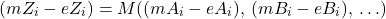 Rendered by QuickLaTeX.com \begin{equation*} (mZ_i - eZ_i) = M((mA_i - eA_i),\, (mB_i - eB_i),\, \ldots) \end{equation*}