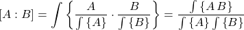 \begin{equation*} \mc{A}{B} =  \sumb{\frac{A}{\sumb{A}} \cdot \frac{B}{\sumb{B}}} = \frac{\sumb{A \, B}}{\sumb{A}\sumb{B}} \end{equation*}