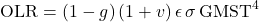 Rendered by QuickLaTeX.com \begin{equation*} \OLR = (1-g) \, (1+v) \, \emis \, \sigma \, \GMST^4 \end{equation*}