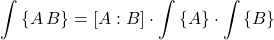 \begin{equation*} \sumb{A \, B} = \mc{A}{B}  \cdot \sumb{A} \cdot \sumb{B}  \end{equation*}