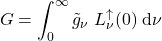 \begin{equation*} G = \int_0^\infty \nghe_{\nu}\; L^\uparrow_{\nu}(0)\; \dd\nu \end{equation*}