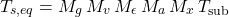 \begin{equation*} T_{s,eq}  = M_g\,M_v\,M_\emis \, M_\albedo \, M_x \, T_\mathrm{sub} \end{equation*}